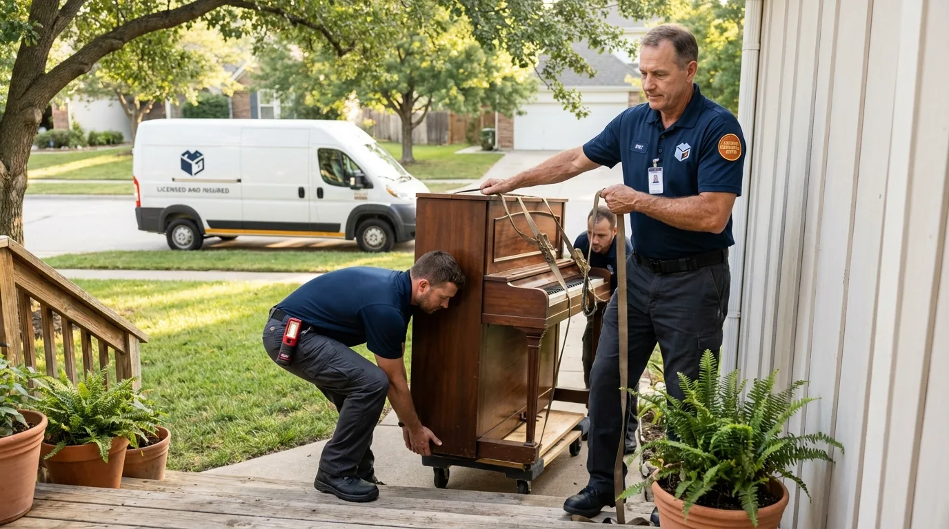 Licensed piano movers securing grand piano in Bridgeton, NJ