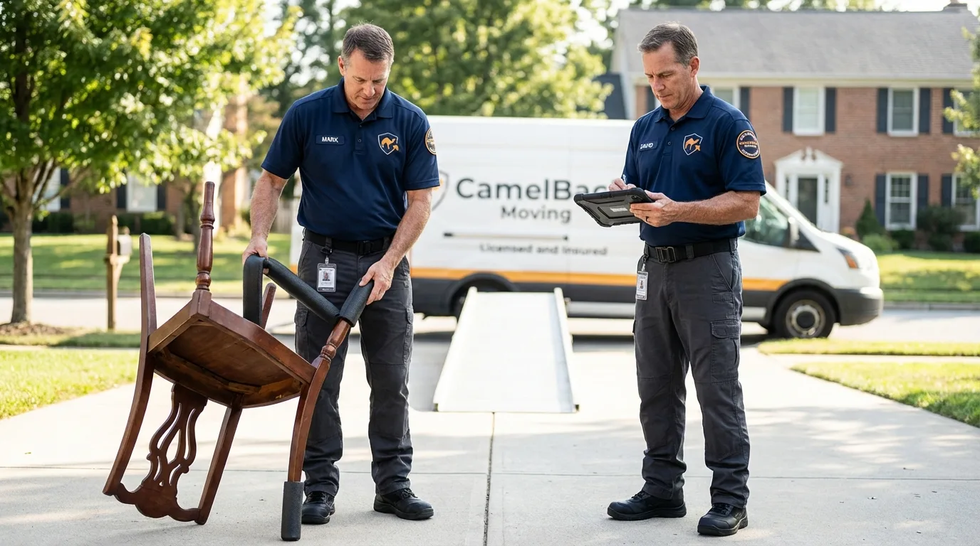Movers inspecting furniture for damage prevention before loading in Bridgeton, NJ